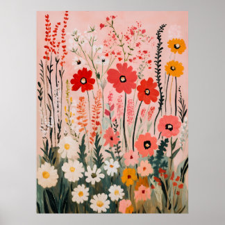 Poster peinture de champ de fleurs sauvages colorées