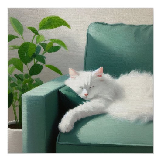 Poster Peinture de chat dormant sur un canapé vert (Devant)