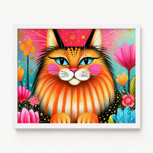 Poster Peinture de chat Maine Coon rose et orange aux yeu