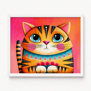 Poster Peinture de chat tigré rose et orange aux yeux ble