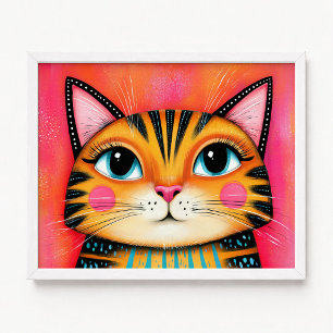 Poster Peinture de chat tigré rose et orange girly