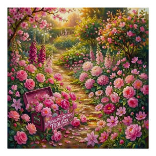 Poster Peinture de chemin de jardin fleuri rose rêveur