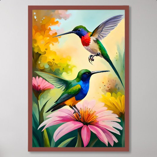 Poster Peinture de colibri : Couple Dancing Parmi Les Fle