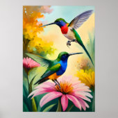 Poster Peinture de colibri : Couple Dancing Parmi Les Fle (Devant)