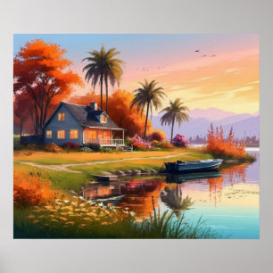 Poster Peinture de coucher de soleil nature avec lac, Cot