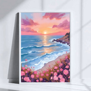 Poster Peinture de fleurs aquarelle au coucher du soleil 