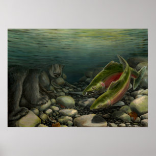 Poster Peinture de la faune imprimés Ours de pêche Saumon