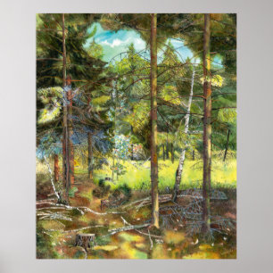 Poster Peinture de la forêt de pin aquarelle
