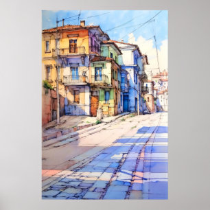 Poster Peinture de la vieille rue de Tirana en Albanie