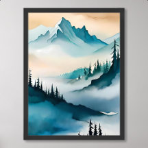 peinture de montagne bleu colline brouillard nuage