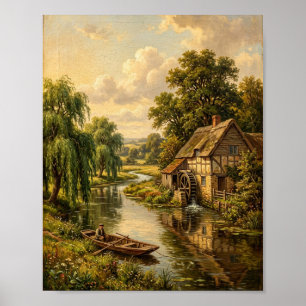 Poster Peinture de moulin à eau anglais à toit de chaume