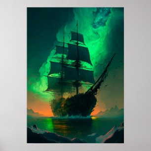 Poster Peinture de navire fantôme avec ciel vert soleil c