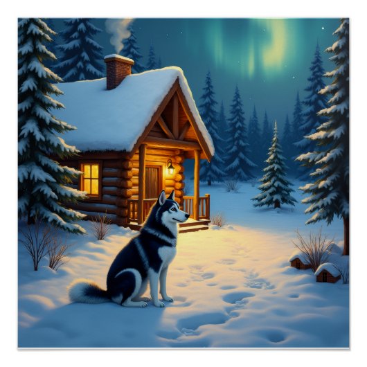 Poster Peinture de Noël de cabane enneigée avec Husky de (Devant)