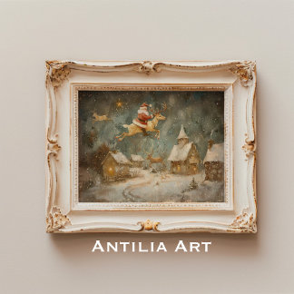 Poster Peinture de Noël Vintage Père Noël et rennes