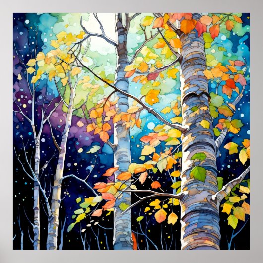 Poster Peinture de nuit de forêt d'automne (Devant)