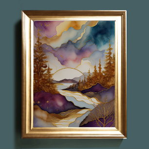 Poster Peinture de paysage abstrait or bleu violet
