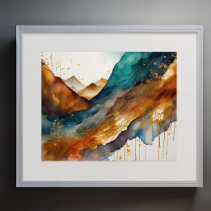 Poster Peinture de paysage abstrait or rouille bleu