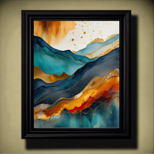Poster Peinture de paysage abstrait or rouille bleu