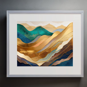 Poster Peinture de paysage abstrait or rouille bleu