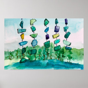 Poster Peinture de paysage en verre bleu de Lake Chimes