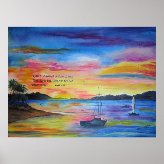 Poster Peinture de paysage marin acrylique avec écriture (Devant)