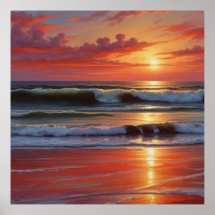Poster Peinture de paysage marin au coucher du soleil rou