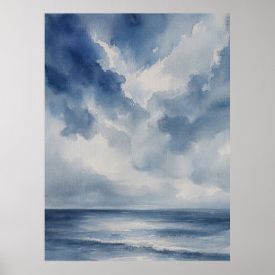 Poster Peinture de paysage marin minimaliste en bleu et g