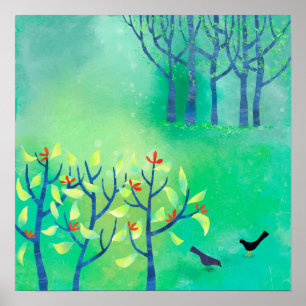 Poster Peinture de paysage moderne vert d'avril nature