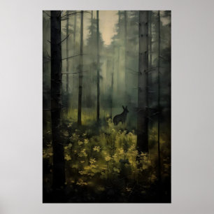Poster Peinture de paysage vintage d'animal en forêt