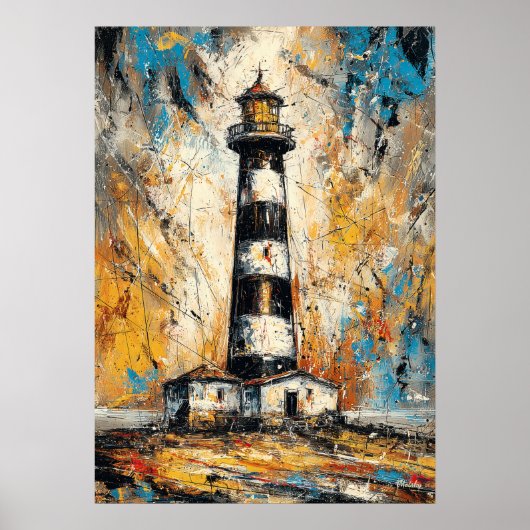 Poster Peinture de phare expressionniste abstraite côtièr (Devant)