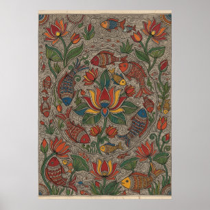 Poster Peinture de poisson de lotus d'art folklorique Mad