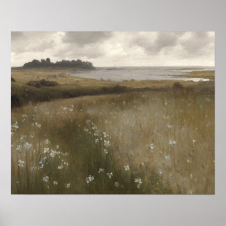 Poster Peinture de prairie fleur sauvage blanc - vintage