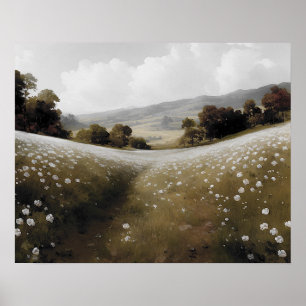 Poster Peinture de prairie fleur sauvage blanc vintage