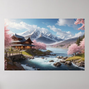 Poster Peinture de Sakura japonais merveilleux avec la ri