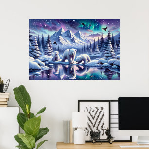 Poster Peinture de scène enneigée de famille d'ours polai