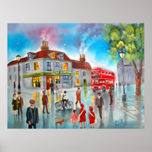 Poster Peinture de scène rouge de rue d'autobus à 