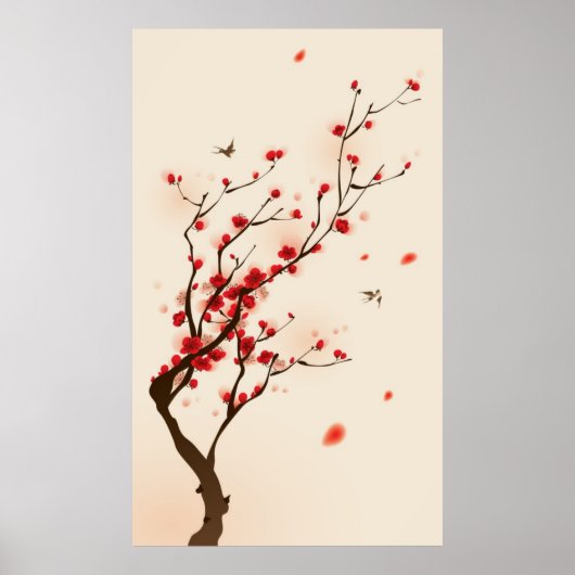 Poster Peinture de style oriental, fleur de prune au prin (Devant)
