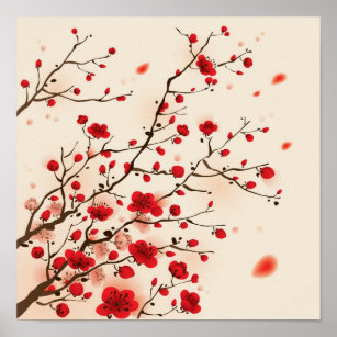 Poster Peinture de style oriental, fleur de prune au prin