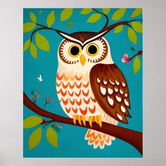 Poster Peinture de style Whimsical d'un hibou sur un arbr (Devant)