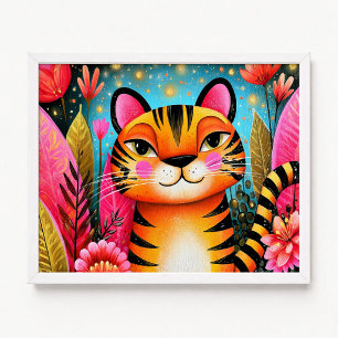 Poster Peinture de tigre orange à fleurs roses