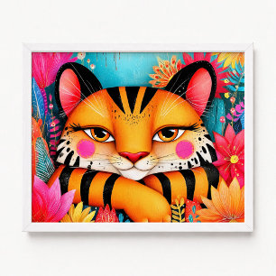 Poster Peinture de tigre orange floral rose souriant