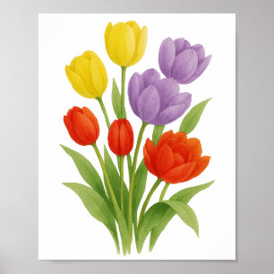Poster Peinture de tulipes jaunes rouges violettes Art mu