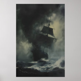 Poster Peinture de vagues de mer de bateau vintage, Art d
