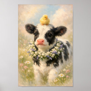 Poster Peinture de veau avec poussin et couronne de fleur