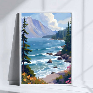 Poster Peinture de voyage à l'aquarelle Lake Tahoe Tide