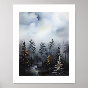 Poster Peinture de vue d'arbres de forêt brumeuse