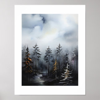Poster Peinture de vue d'arbres de forêt brumeuse