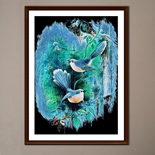 Poster Peinture d'oiseaux bleus d'hiver