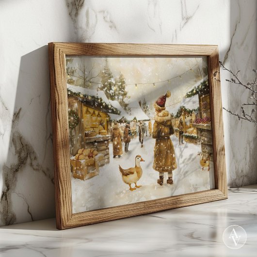 Poster Peinture du marché de Noël d'hiver Village de neig