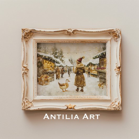 Poster Peinture du marché de Noël d'hiver Village de neig